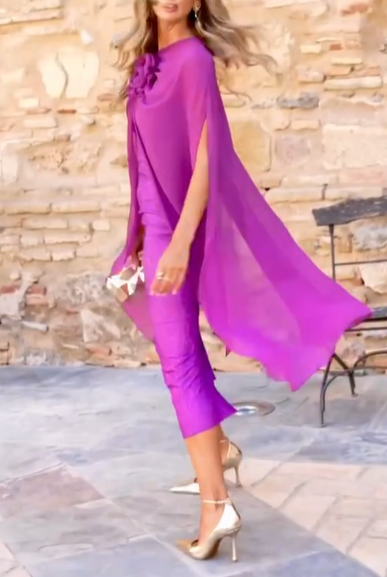 Purple floral cape dress
