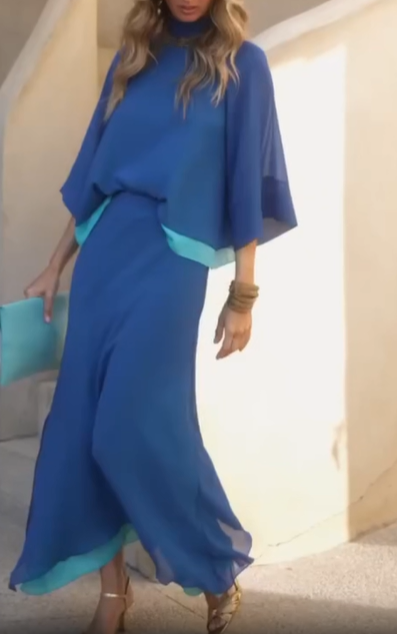Blue high-neck batwing sleeve layered set