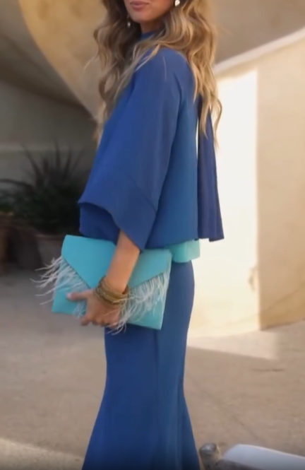 Blue high-neck batwing sleeve layered set