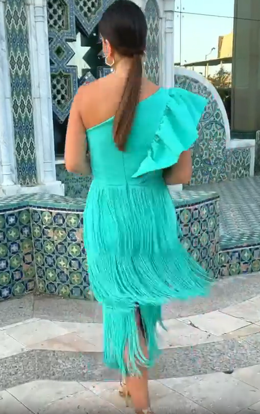 One-shoulder tassel-trimmed dress