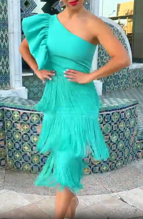 One-shoulder tassel-trimmed dress