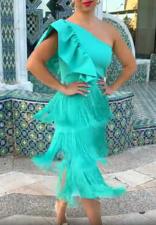 One-shoulder tassel-trimmed dress