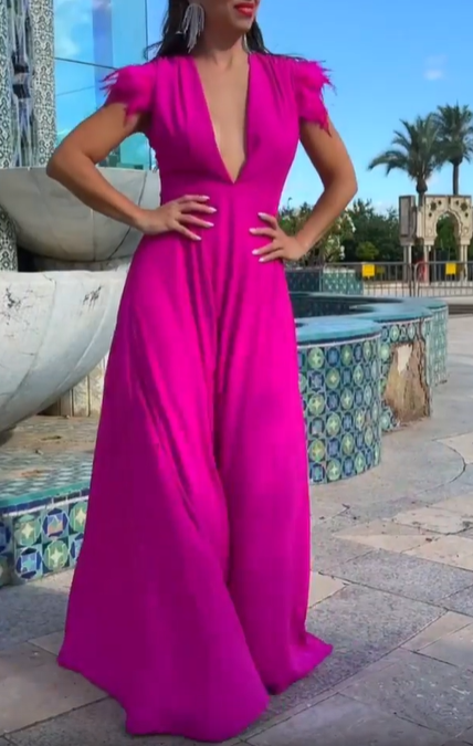 Fuchsia feather-trimmed deep V-neck slit maxi dress
