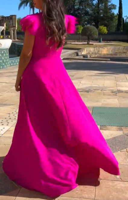 Fuchsia feather-trimmed deep V-neck slit maxi dress