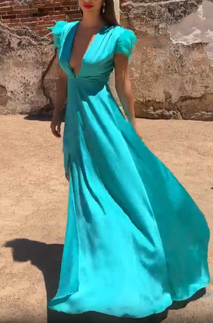 Water green feather-trimmed deep V-neck slit maxi dress