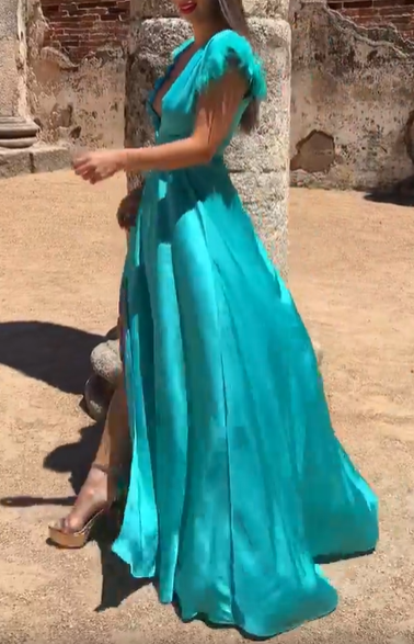 Water green feather-trimmed deep V-neck slit maxi dress