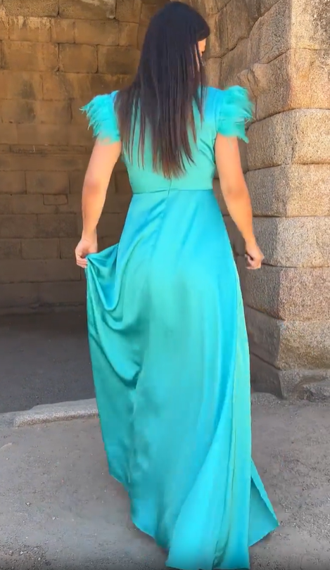 Water green feather-trimmed deep V-neck slit maxi dress