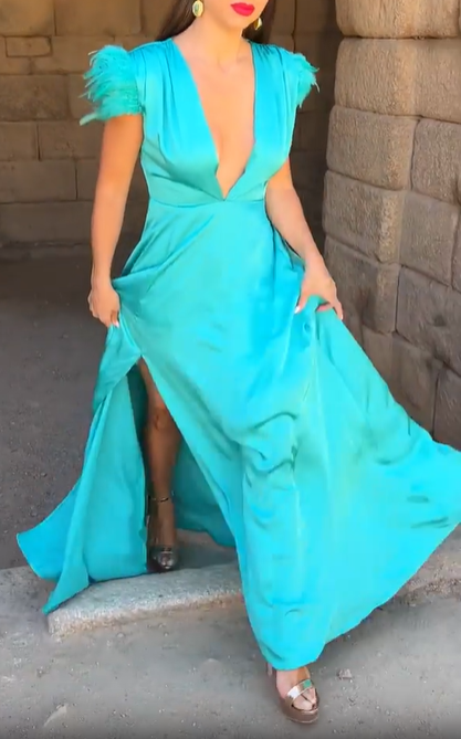 Water green feather-trimmed deep V-neck slit maxi dress