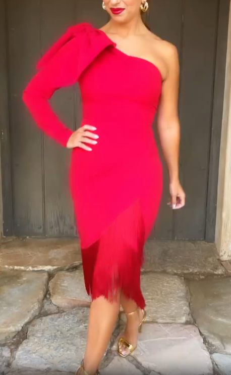 Red One-Shoulder Long-Sleeve Bow Fringe Dress