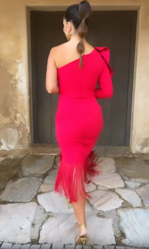 Red One-Shoulder Long-Sleeve Bow Fringe Dress