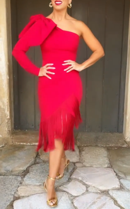 Red One-Shoulder Long-Sleeve Bow Fringe Dress