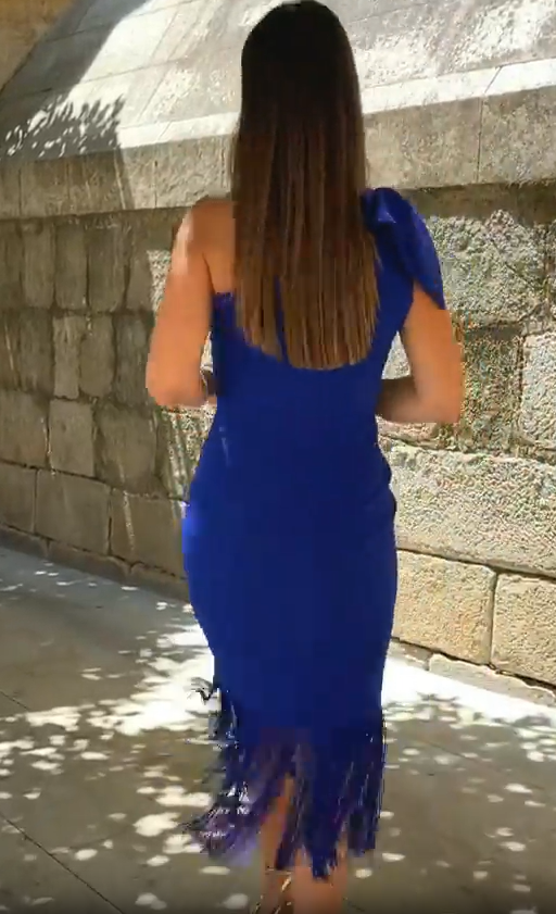 Klein One-Shoulder Bow Fringe Skirt