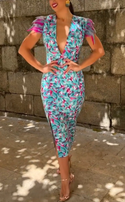 Deep V-neck Feather-Sleeve Print Dress