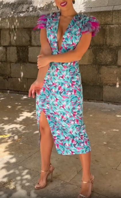 Deep V-neck Feather-Sleeve Print Dress