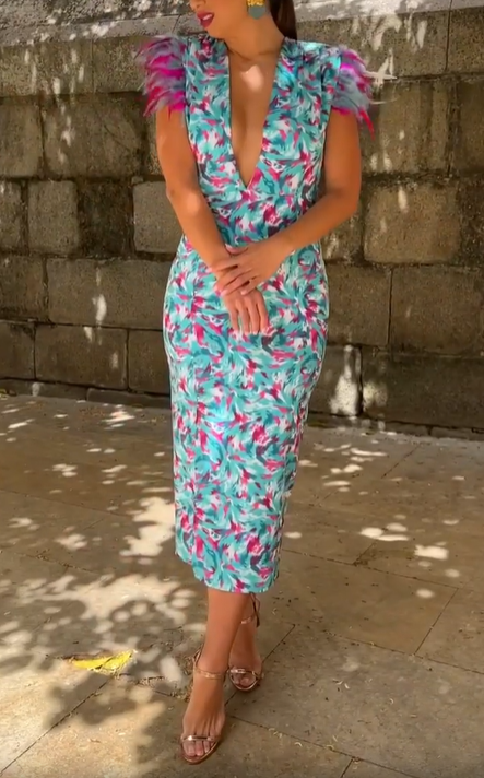 Deep V-neck Feather-Sleeve Print Dress