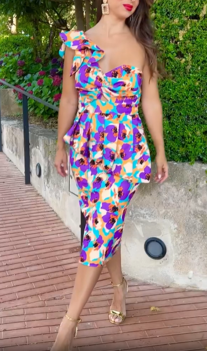 One-Shoulder Bow Print Dress
