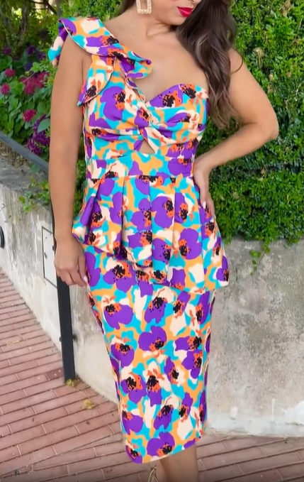 One-Shoulder Bow Print Dress