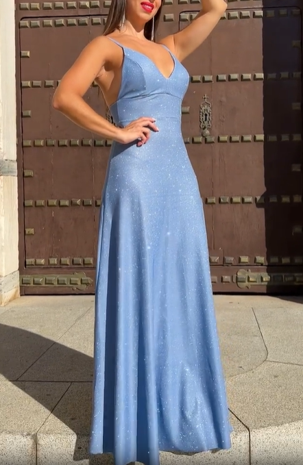 Blue Glittering Deep V Maxi Dress