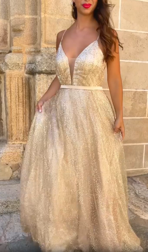 Glittering Lace Deep V Gown