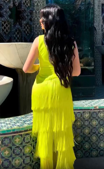  Mustard Draped V-Neck Fringe Dress