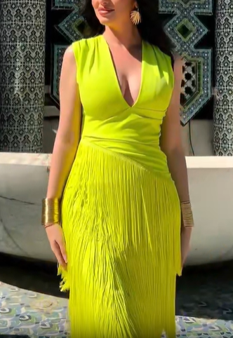  Mustard Draped V-Neck Fringe Dress