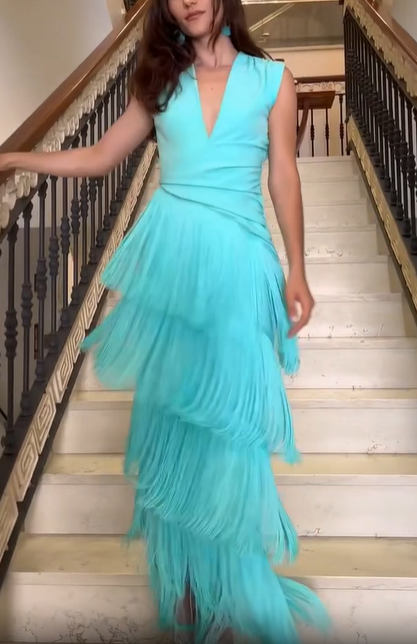 Mint Draped V-Neck Fringe Dress