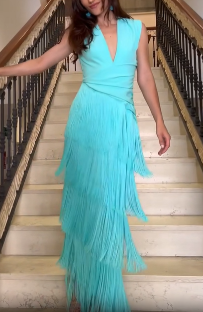 Mint Draped V-Neck Fringe Dress