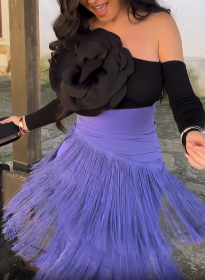 One-Shoulder Floral Fringe Skirt Set