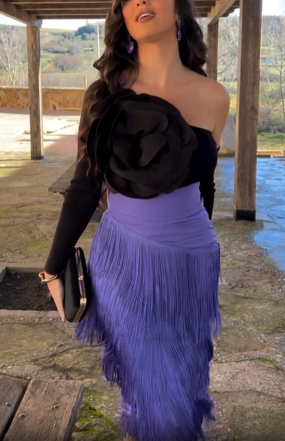 One-Shoulder Floral Fringe Skirt Set