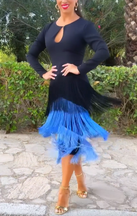  Tiered Fringe Long - Sleeve Dress