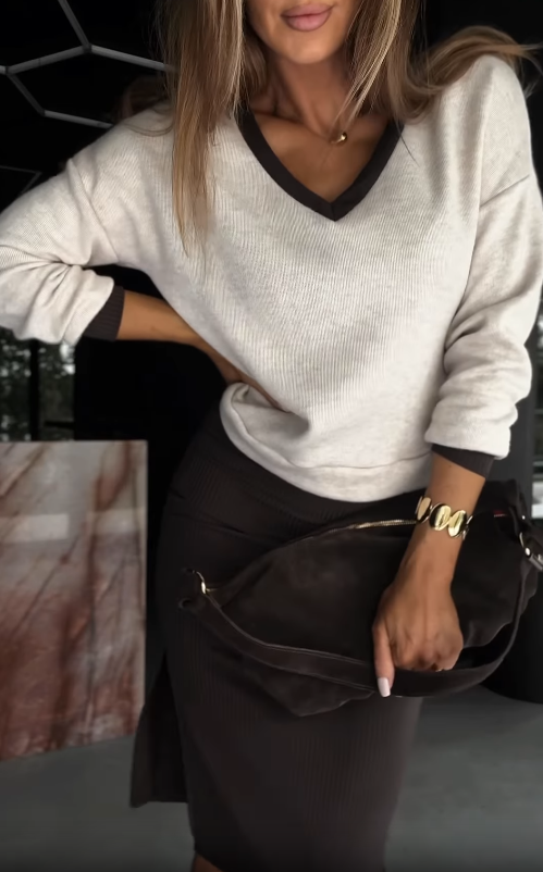 V-neck sweater with ribbed midi skirt set