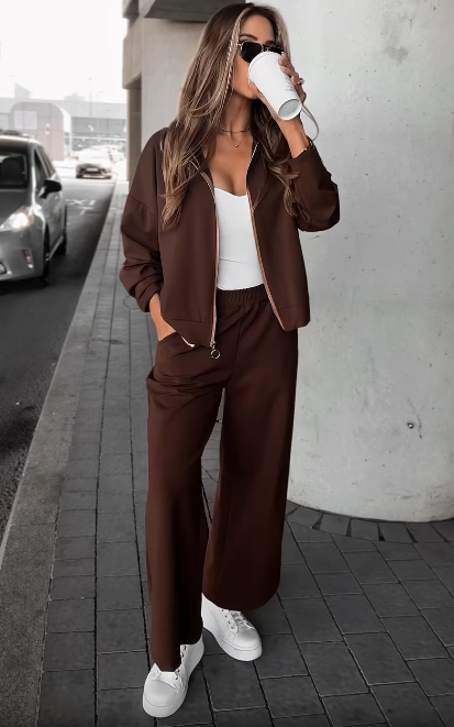 Zip - Up Jacket and Wide - Leg Pants Set