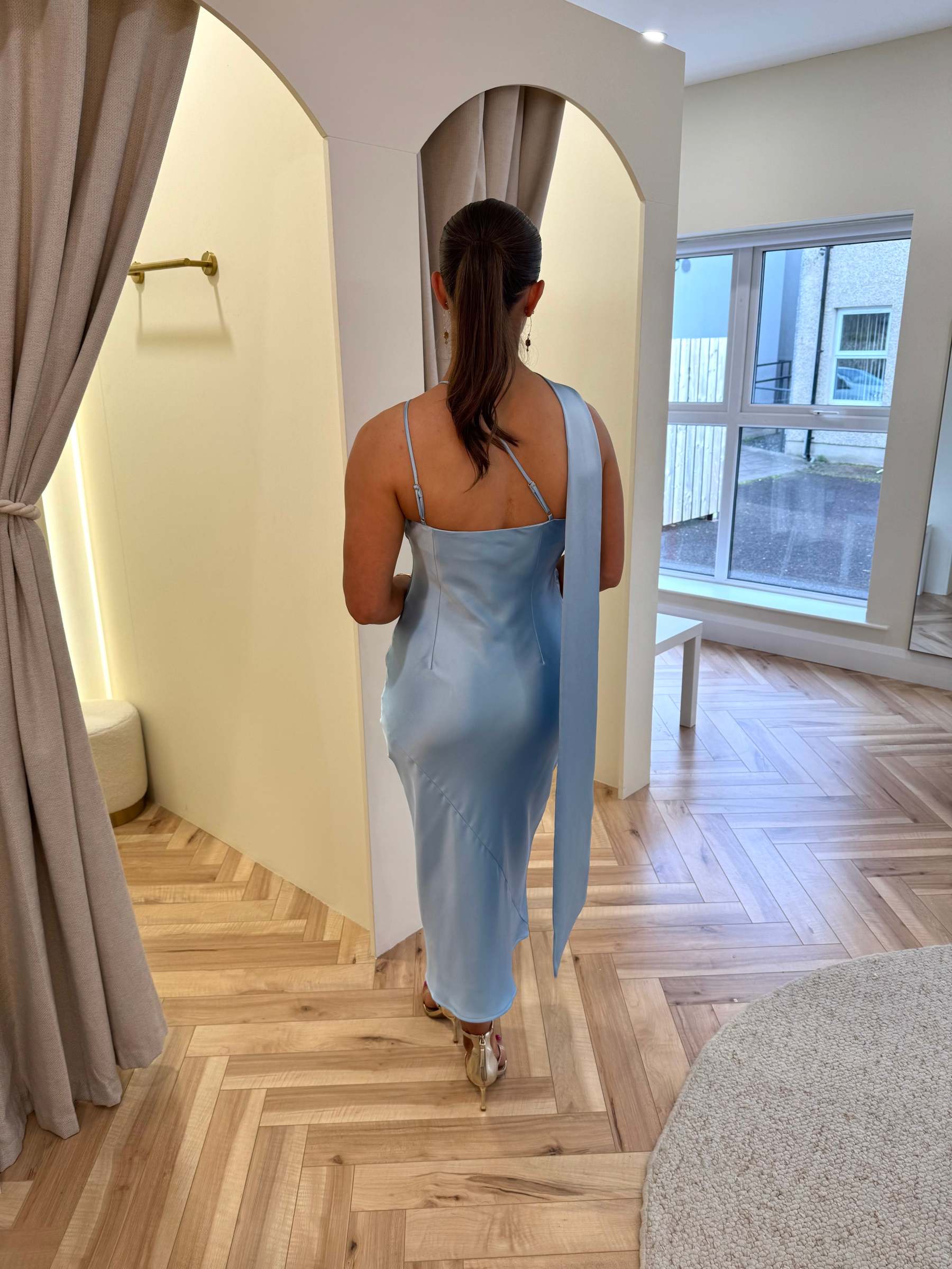 Sheree One Shoulder Midi Dress in Blue