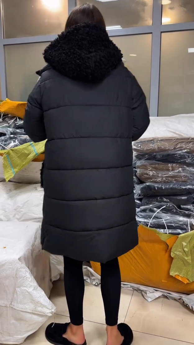 Black Long Puffer Coat with Textured Accent Details