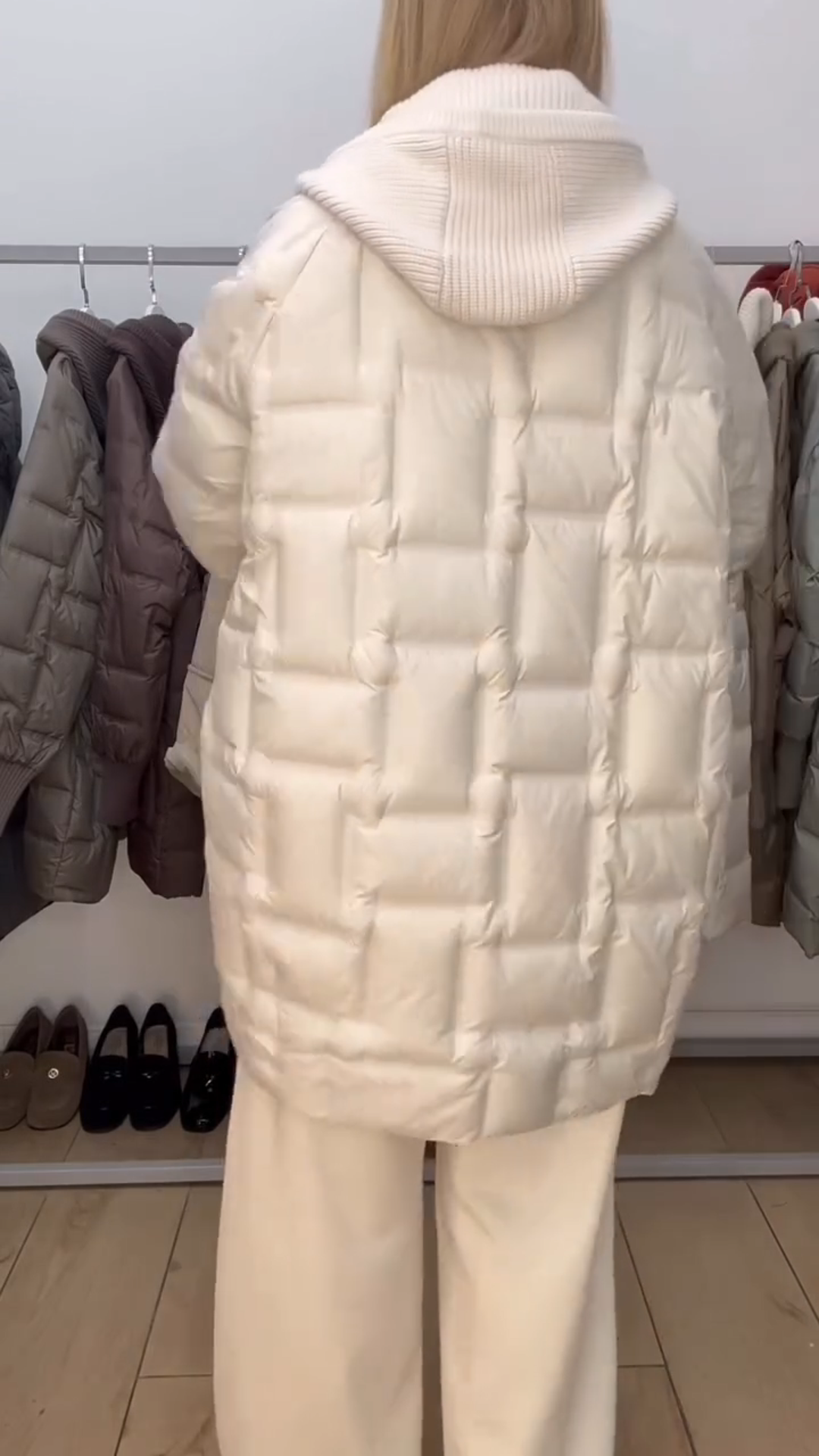 Cream Oversized Puffer Coat with Hood