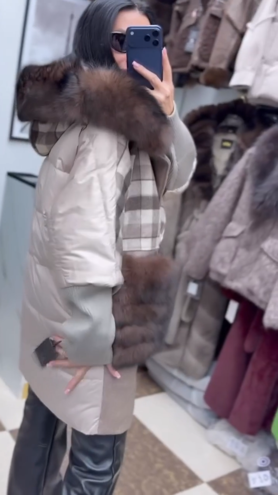 Plaid two-tone coat with faux fur accen