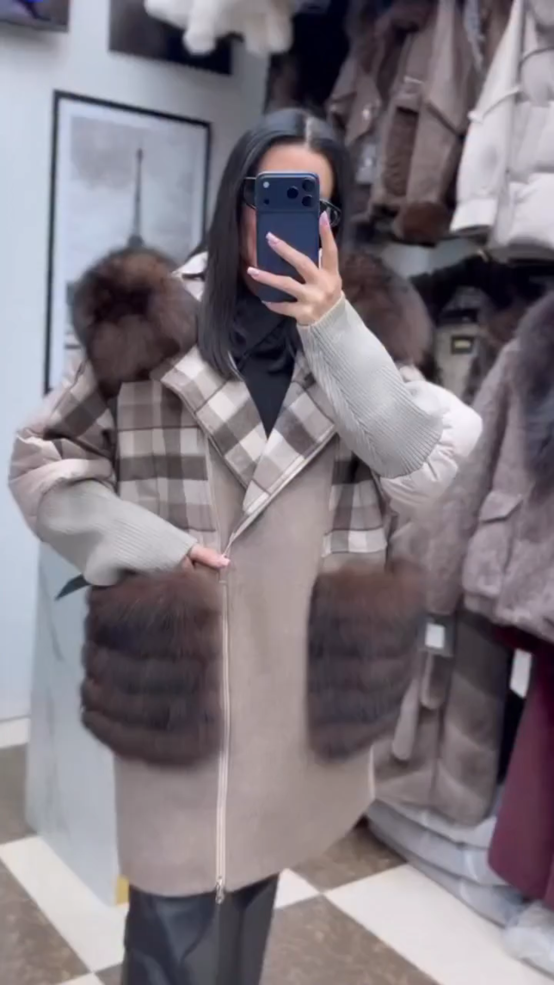 Plaid two-tone coat with faux fur accen