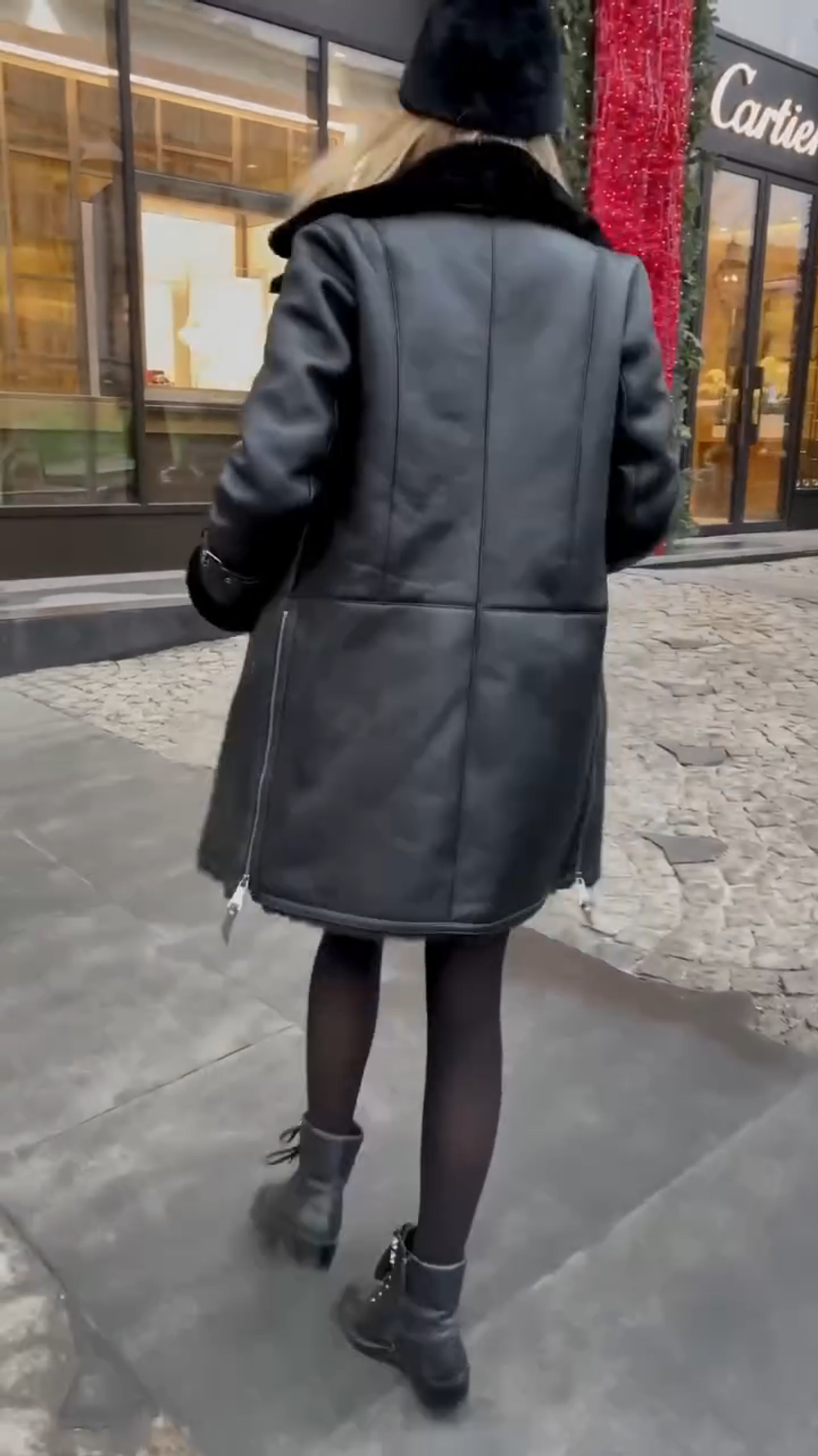 Black Leather Shearling Coat with Faux Fur Collar