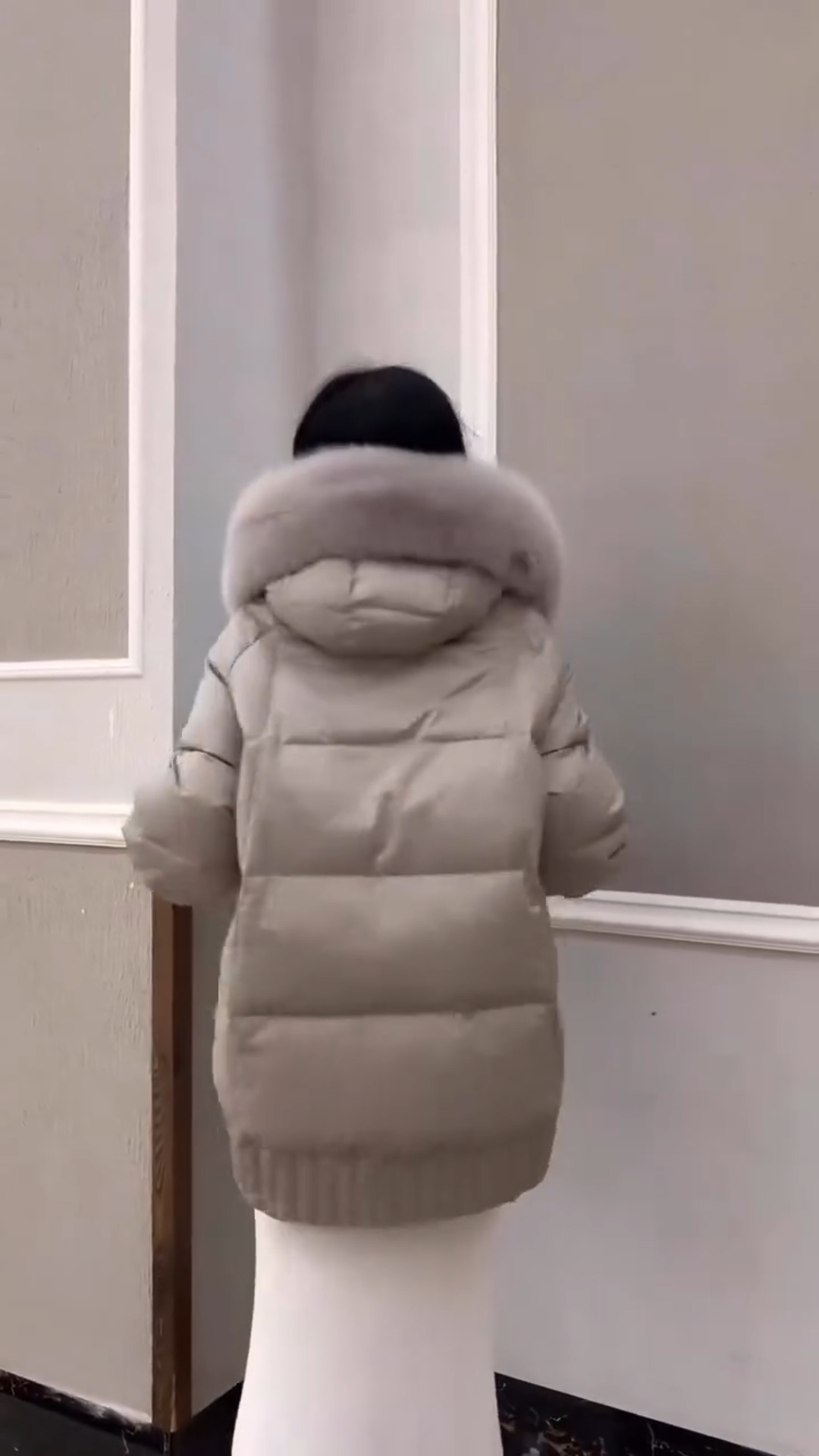 Light Gray Puffer Jacket with Oversized Faux Fur Hood