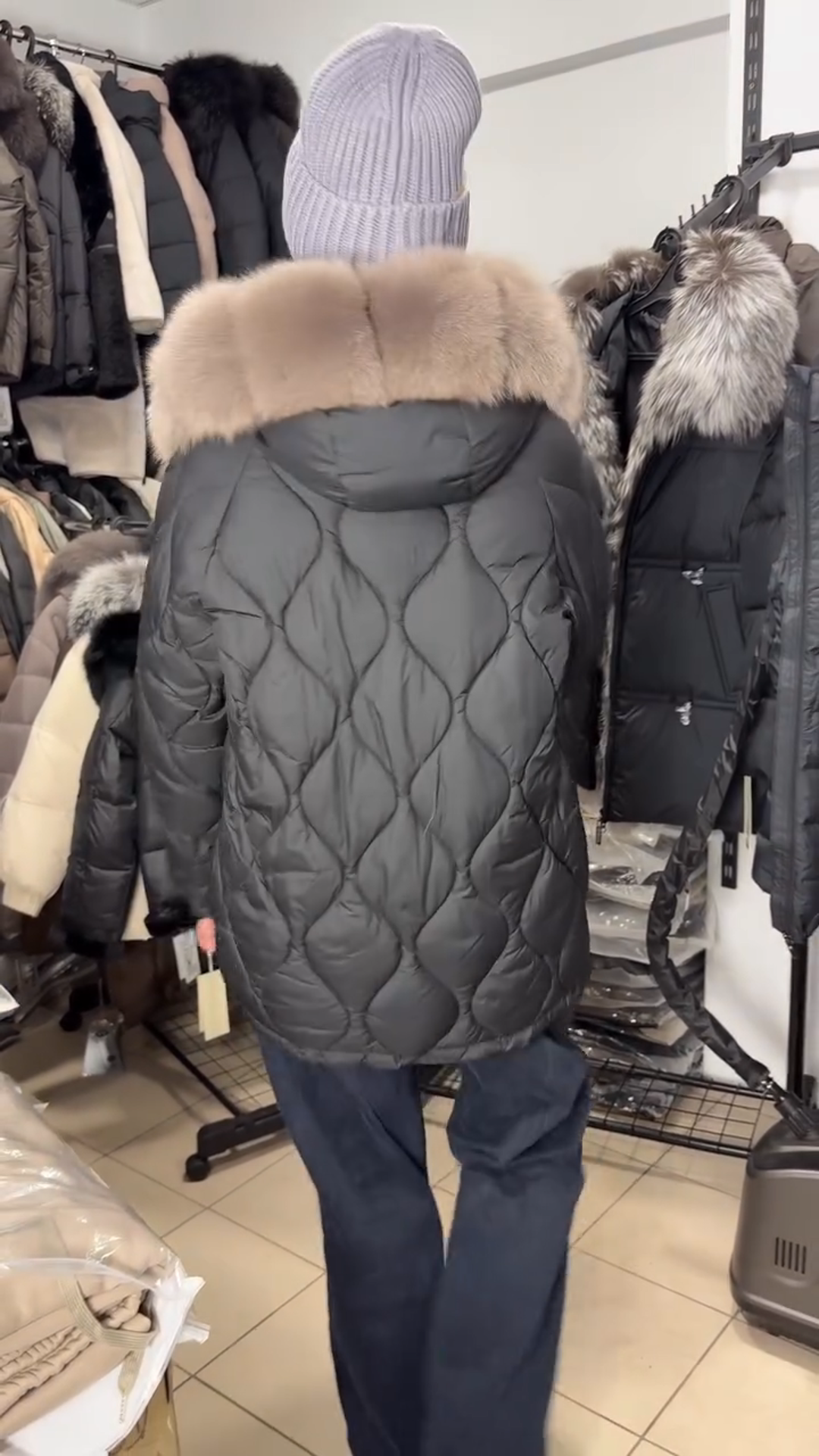 Charcoal Gray Puffer Coat with Oversized Faux Fur Trim