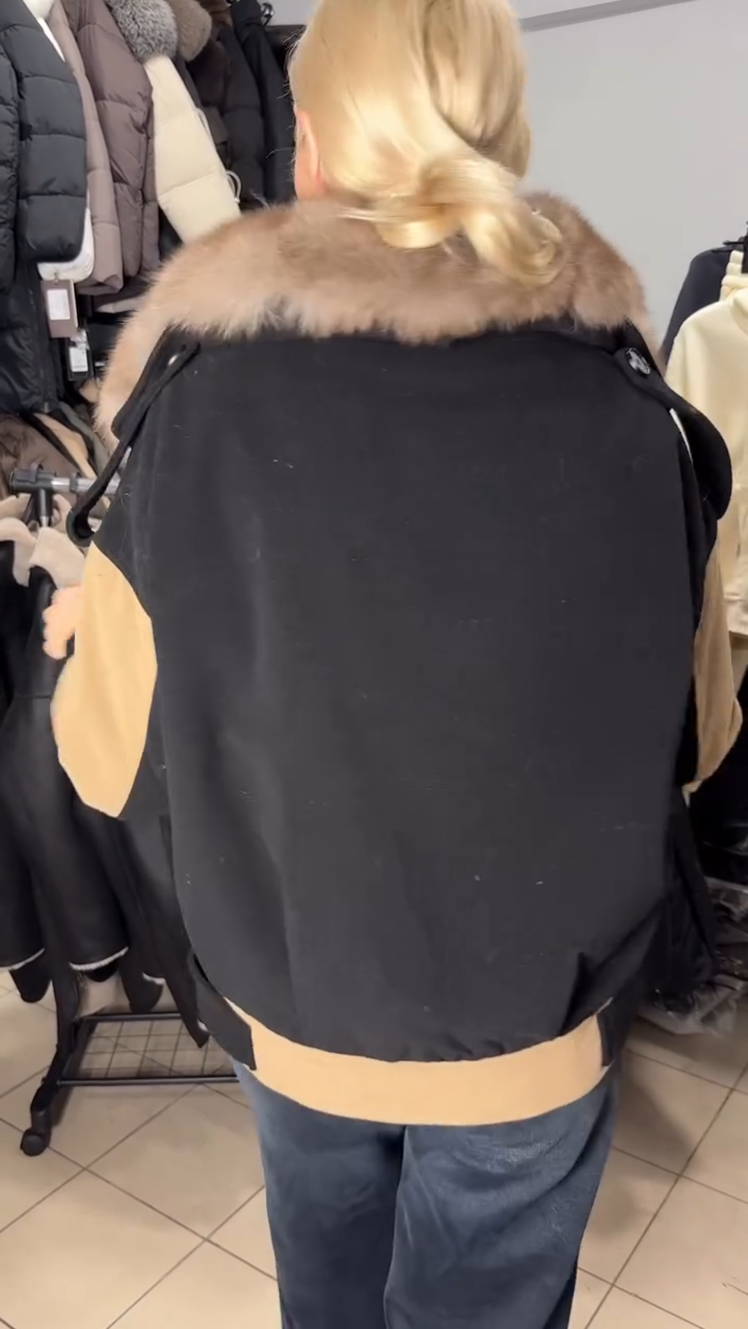 Black & Tan Two-Tone Coat with Oversized Faux Fur Collar