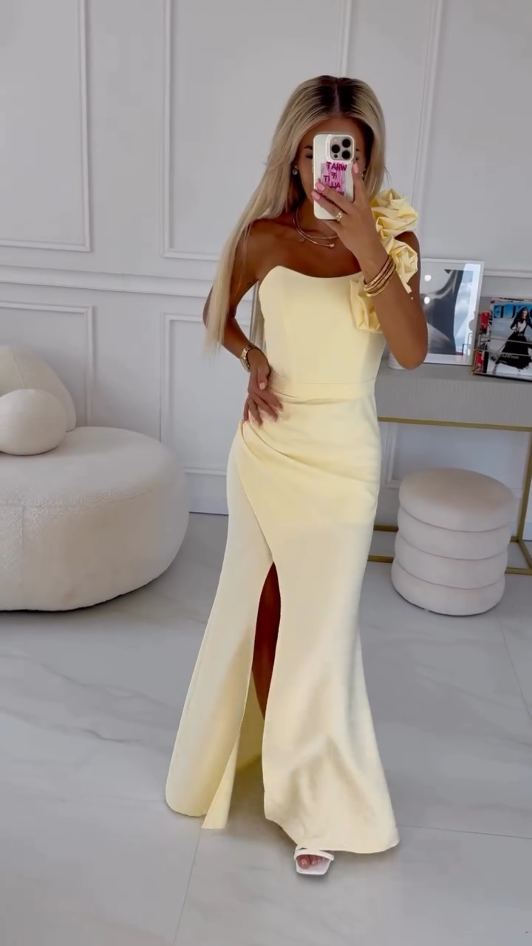 Pale Yellow One-Shoulder Mermaid Gown with Ruffle Detail & Side Slit