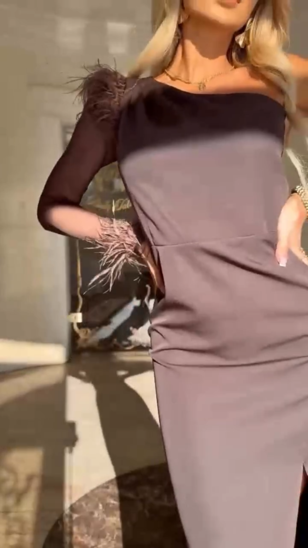 Chocolate Brown One-Shoulder Midi Dress with Sheer Mesh Sleeve & Feather Detail