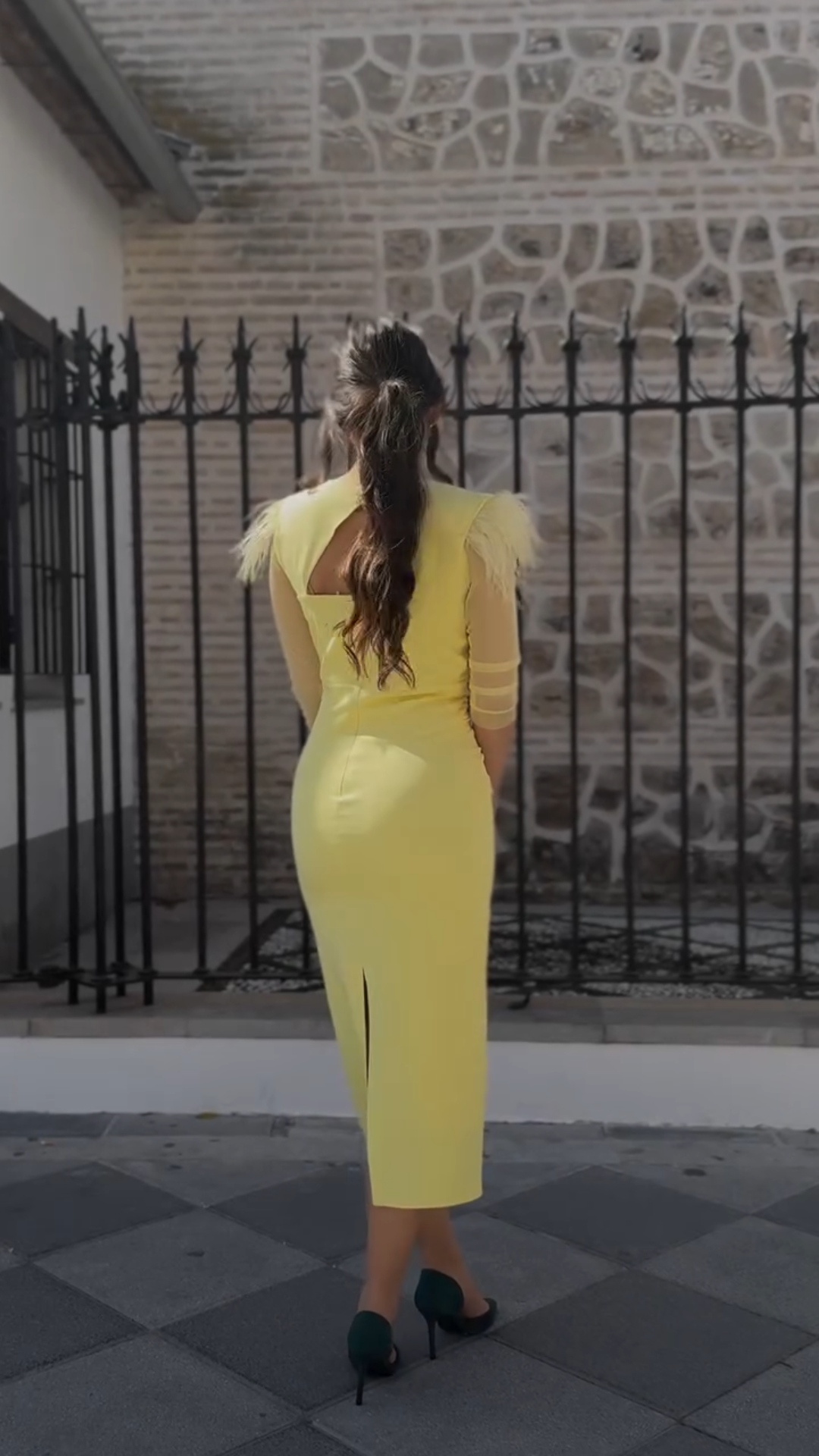 Lemon Yellow Midi Dress with Feather Shoulder Detail & Sheer Sleeves