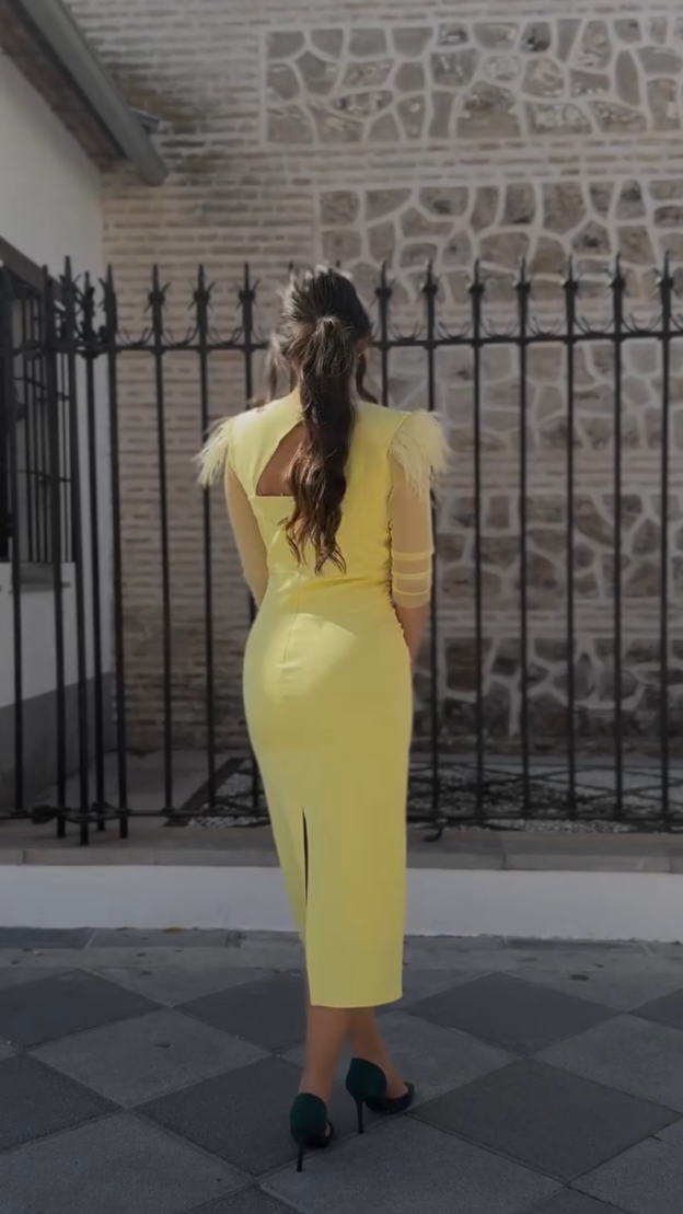 Lemon Yellow Midi Dress with Feather Shoulder Detail & Sheer Sleeves
