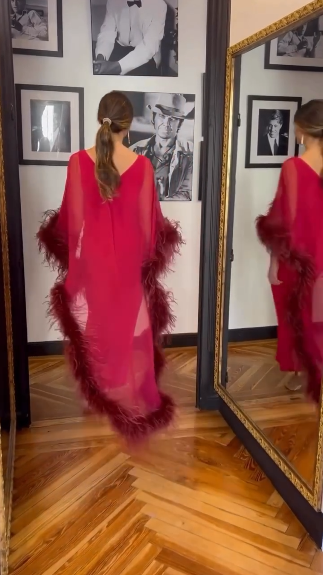 Crimson Red Maxi Dress with Sheer Mesh Sleeves & Feather Trim