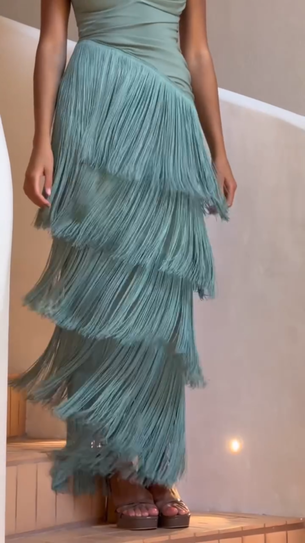 Sage Green Tiered Fringe Midi Dress with Deep V-Neck & Sleeveless Design