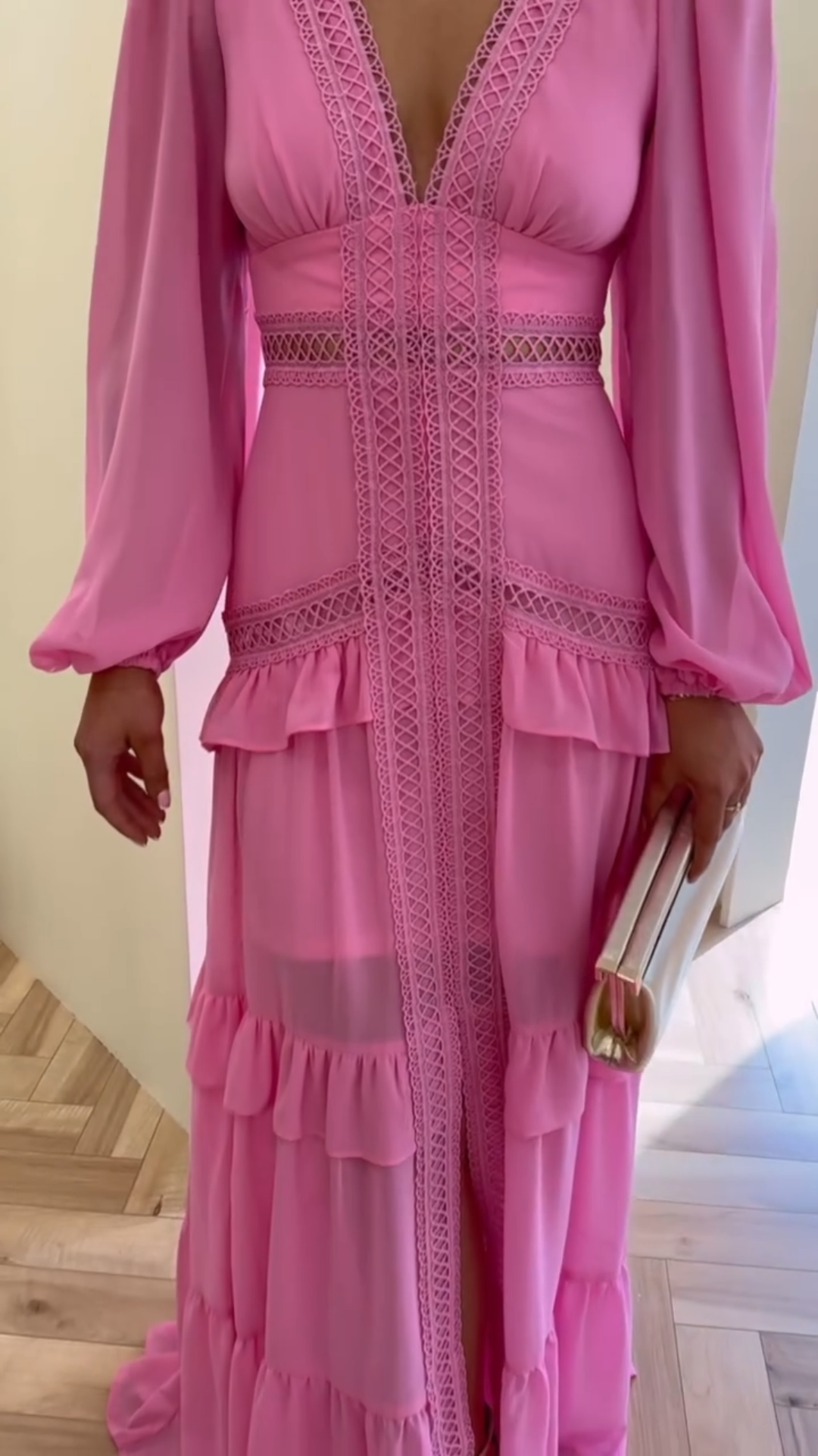 Hot Pink Tiered Ruffle Maxi Dress with Lace Trim & Puffed Long Sleeves