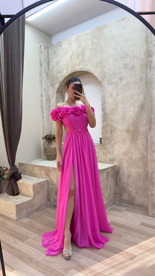 Pink Strapless Chest Rose Waist Detail Design Evening Dress
