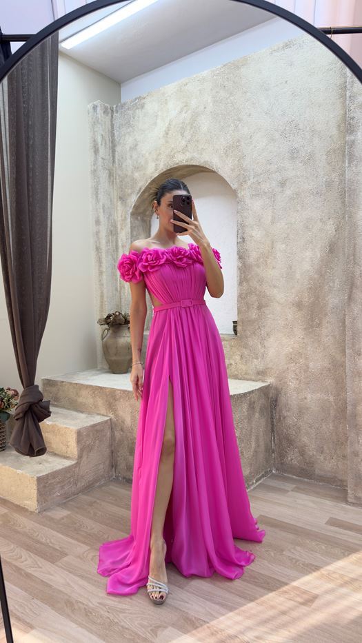 Pink Strapless Chest Rose Waist Detail Design Evening Dress